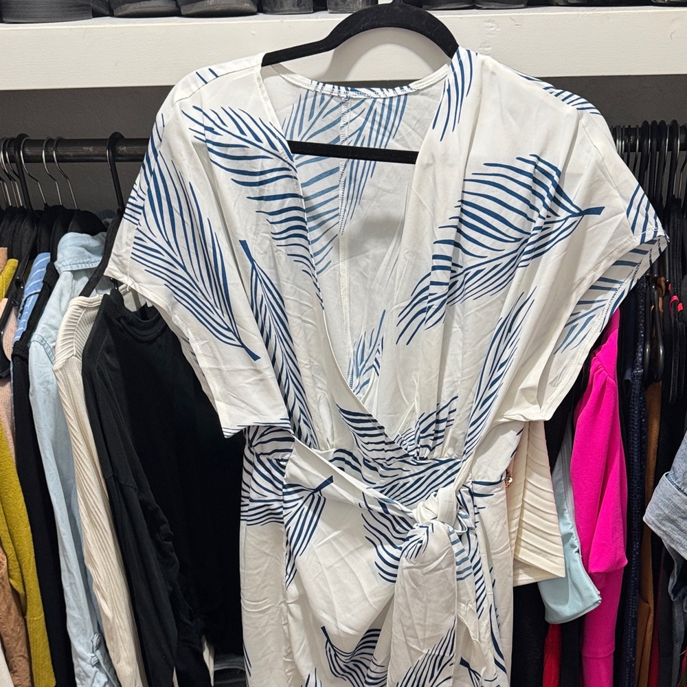White and Blue Leaf Print Dress